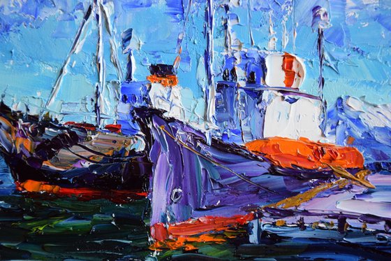 Palette knife oil painting Two Ships in Reykjavik port Iceland