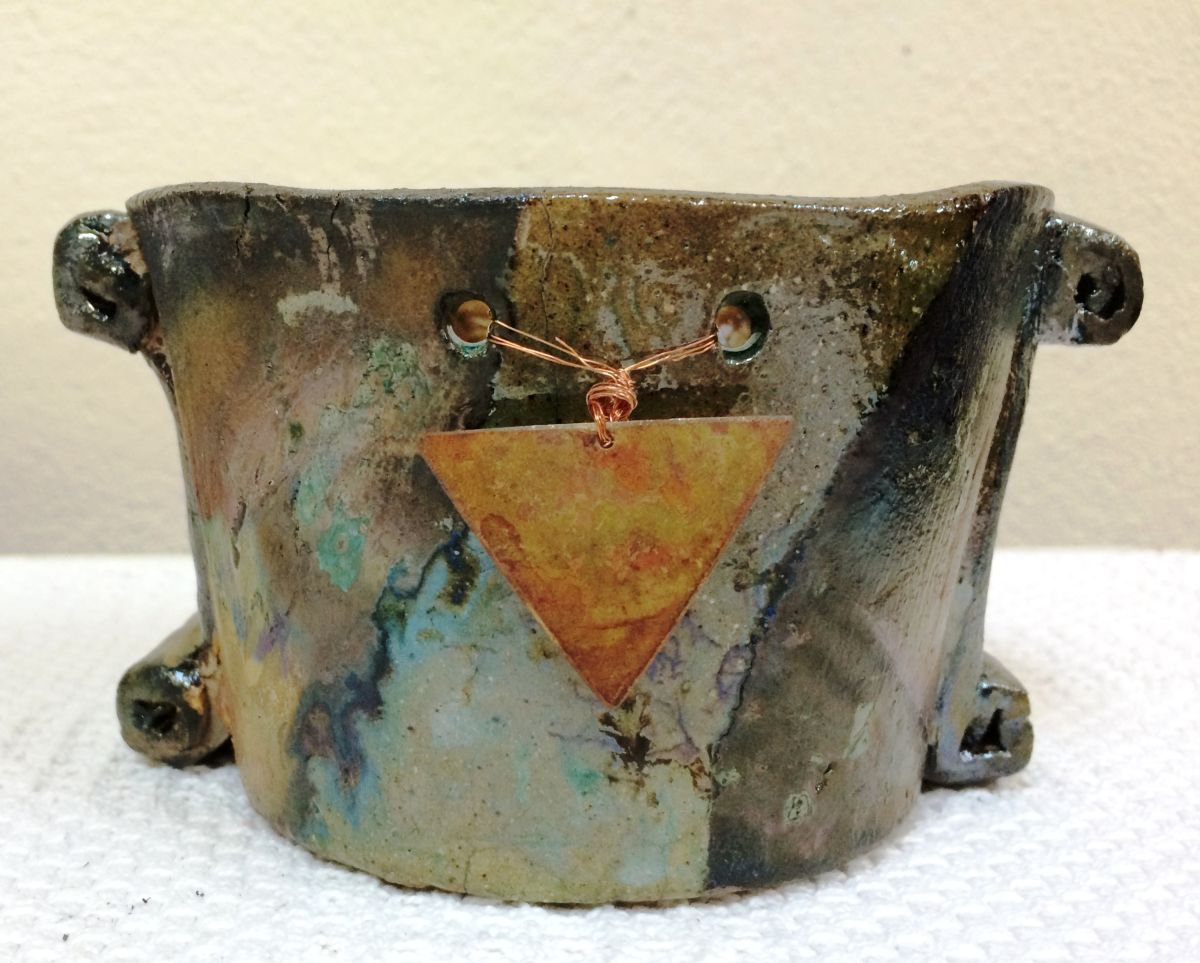 Clay sculpture Raku pottery bowl With Copper by Maxine Anne Martin