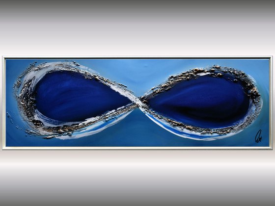 Blue Infinity - abstract acrylic painting, canvas wall art, blue, black, white gold, framed modern art