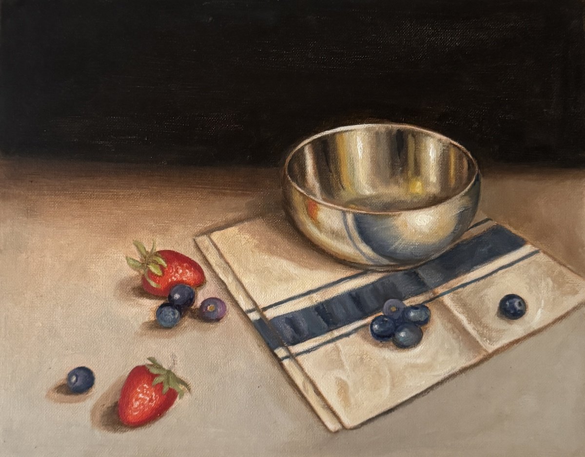 Photorealistic Oil Painting , Still Life With Berries And Bowl By Priyanka Singh, 10 X 8, Artwork For Sale On Artfinder