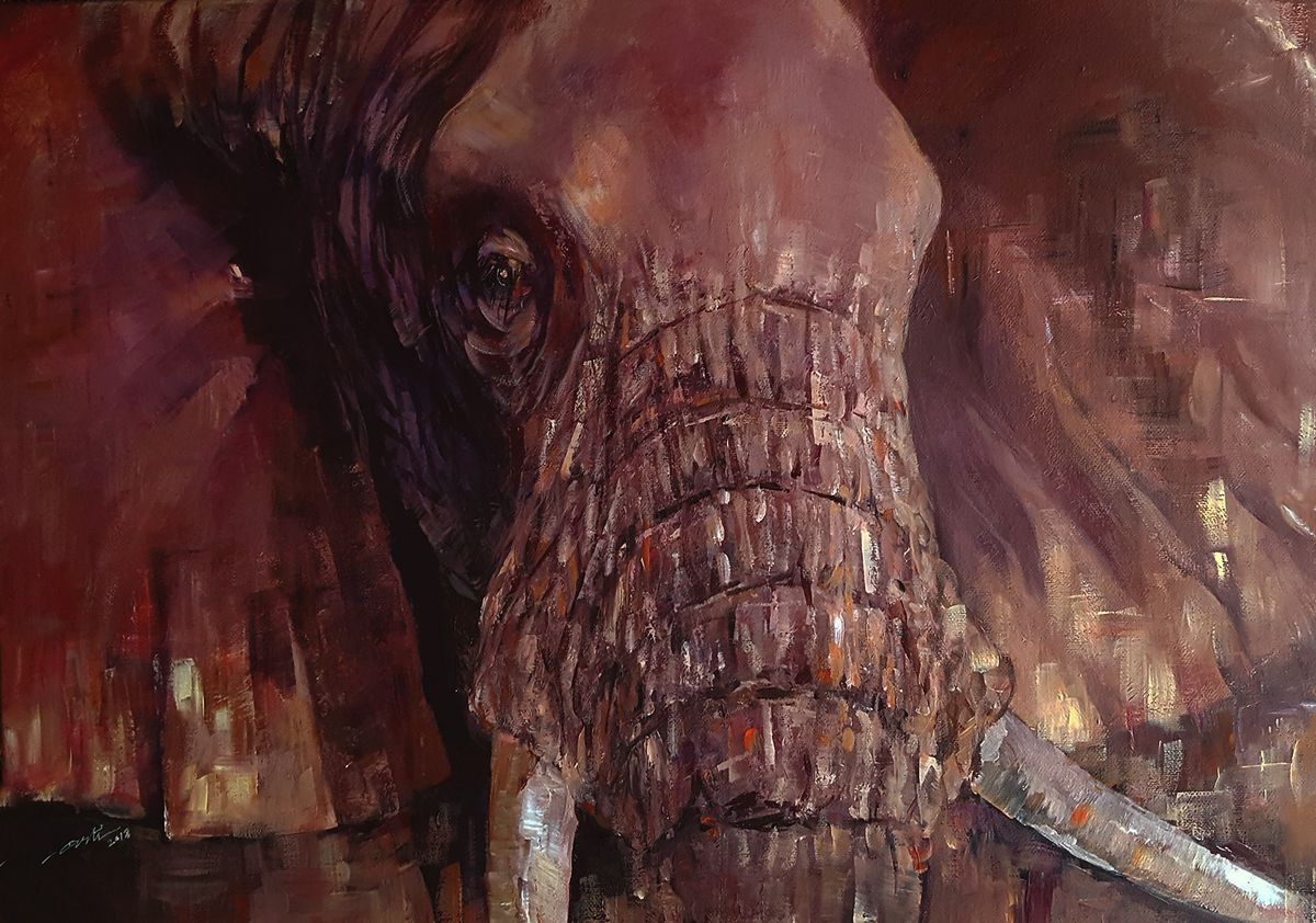 Impressionistic Animal Acrylic Painting By Arti Chauhan, 23 X 16, Mauve Maverick_Elephant, Original Artwork