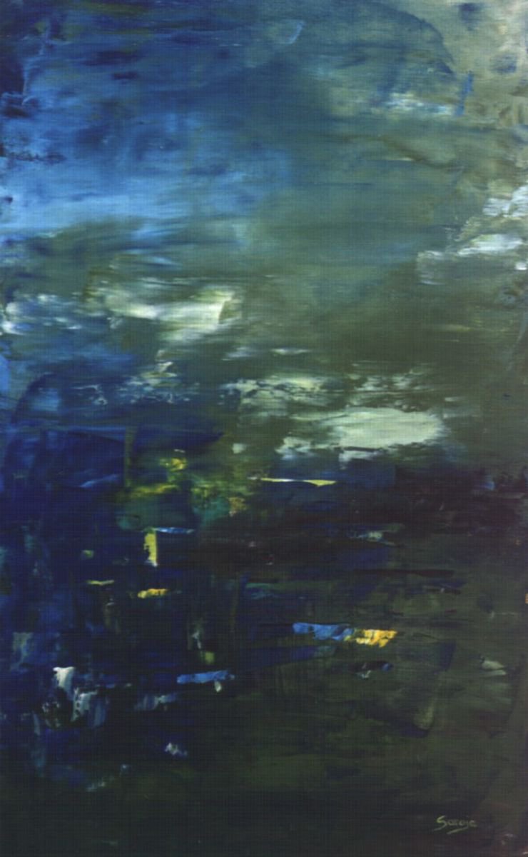 Abstract Landscape Oil Painting By Saroja Van Der Stegen, 17 X 26", Night (Ref#:419-12M), Original Artwork