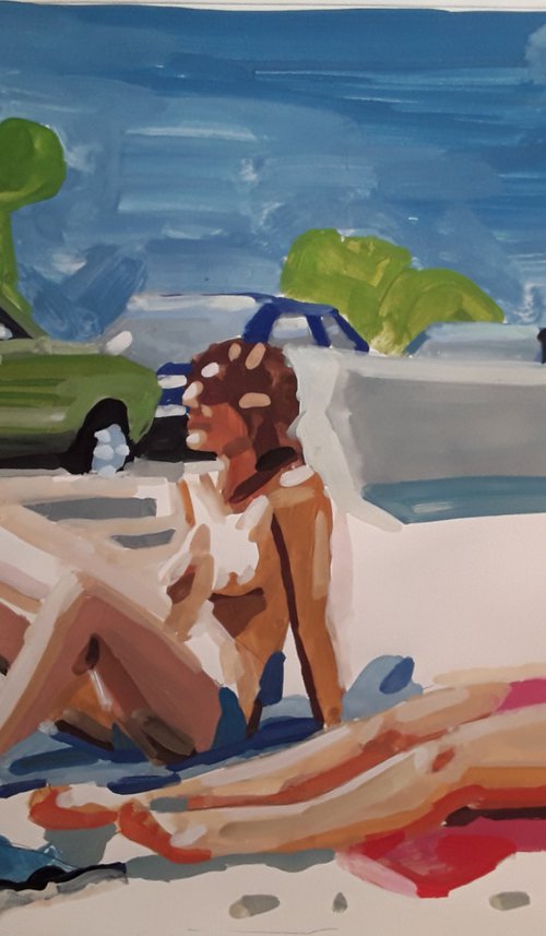 Beach scene - A man and fwo women by Stephen Abela