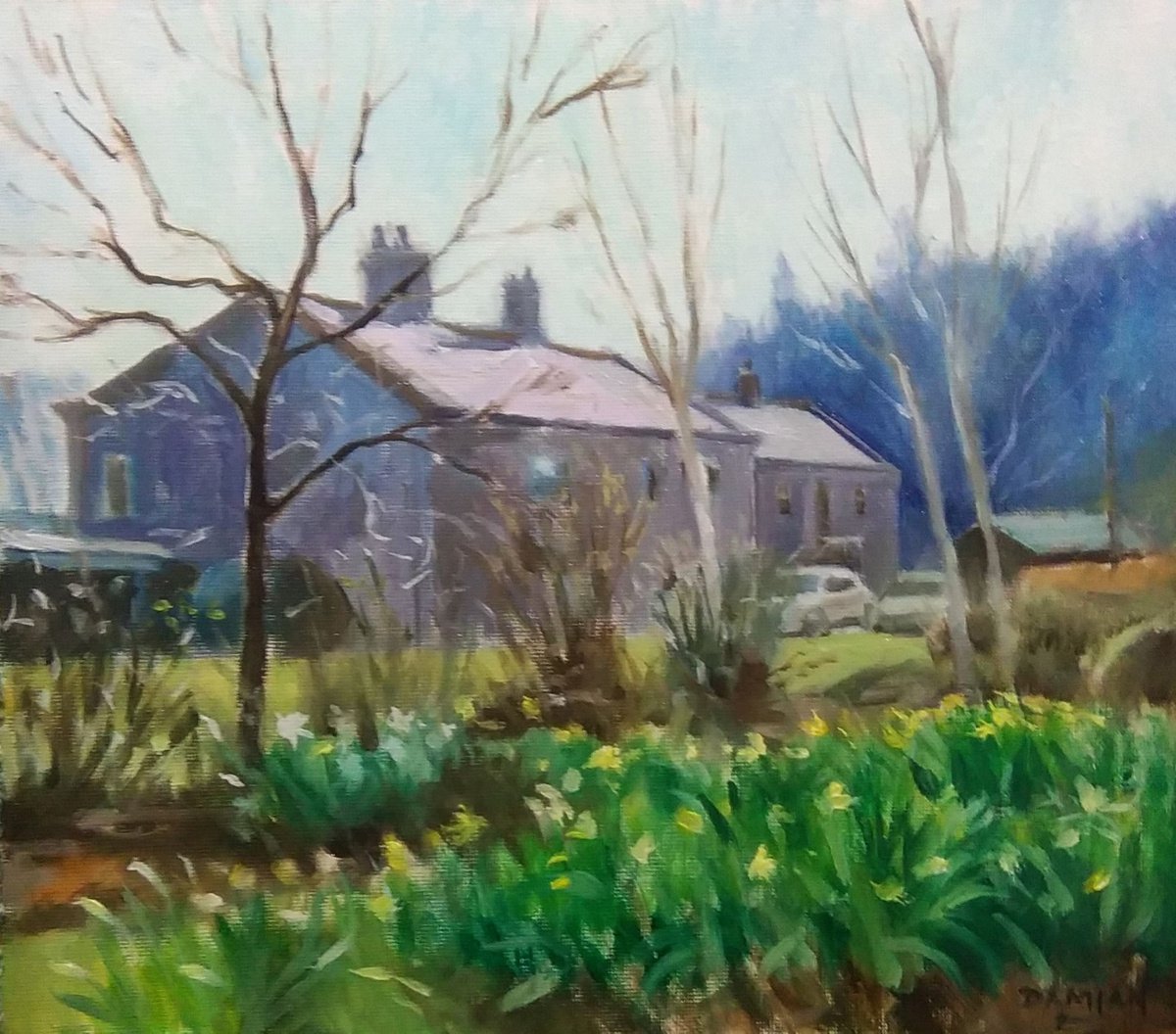 Cottages with Daffodils by Damian Gerard Bland