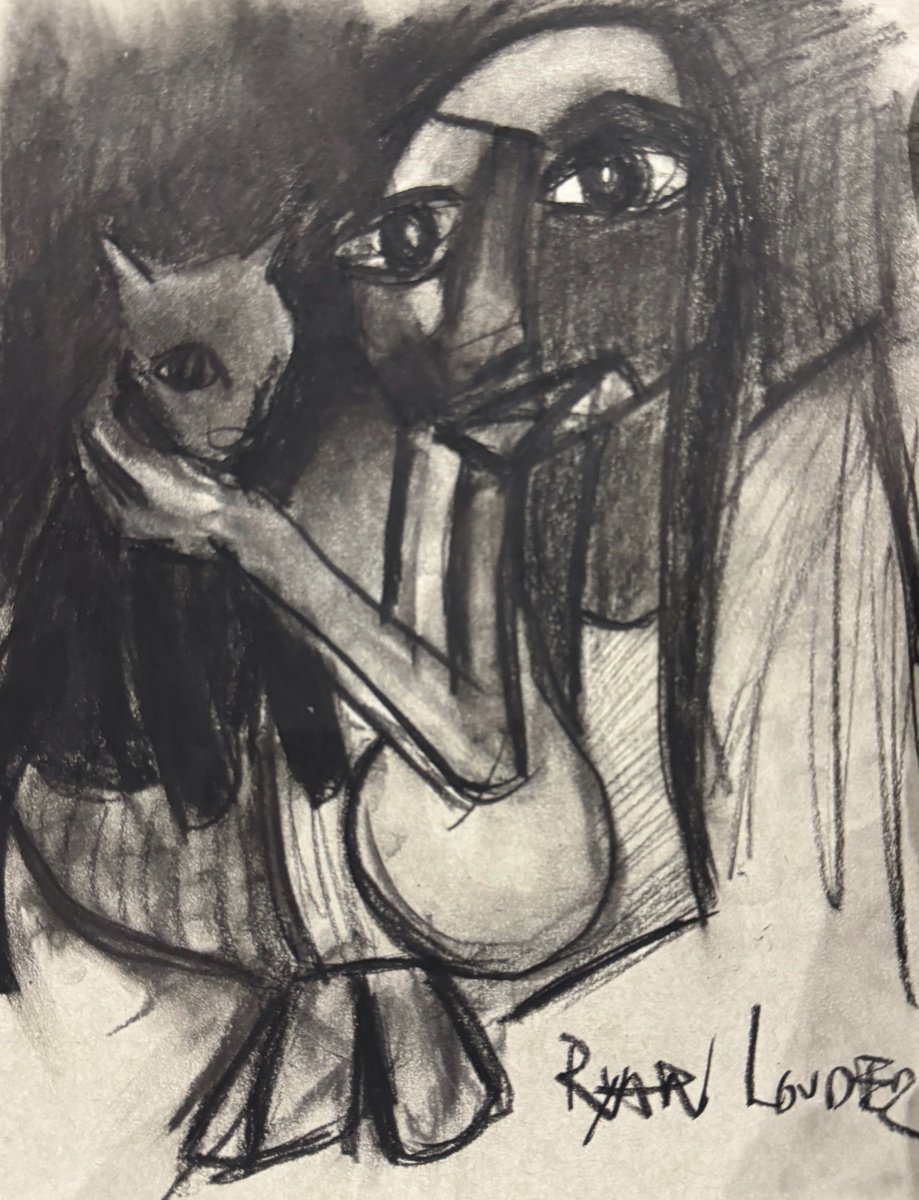 Expressive Portrait Charcoal Drawing By Ryan Louder, 9 X 12", Of Woman With Cat, Original Artwork