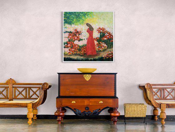 Silhouette of a girl in a rose garden. Original painting on canvas