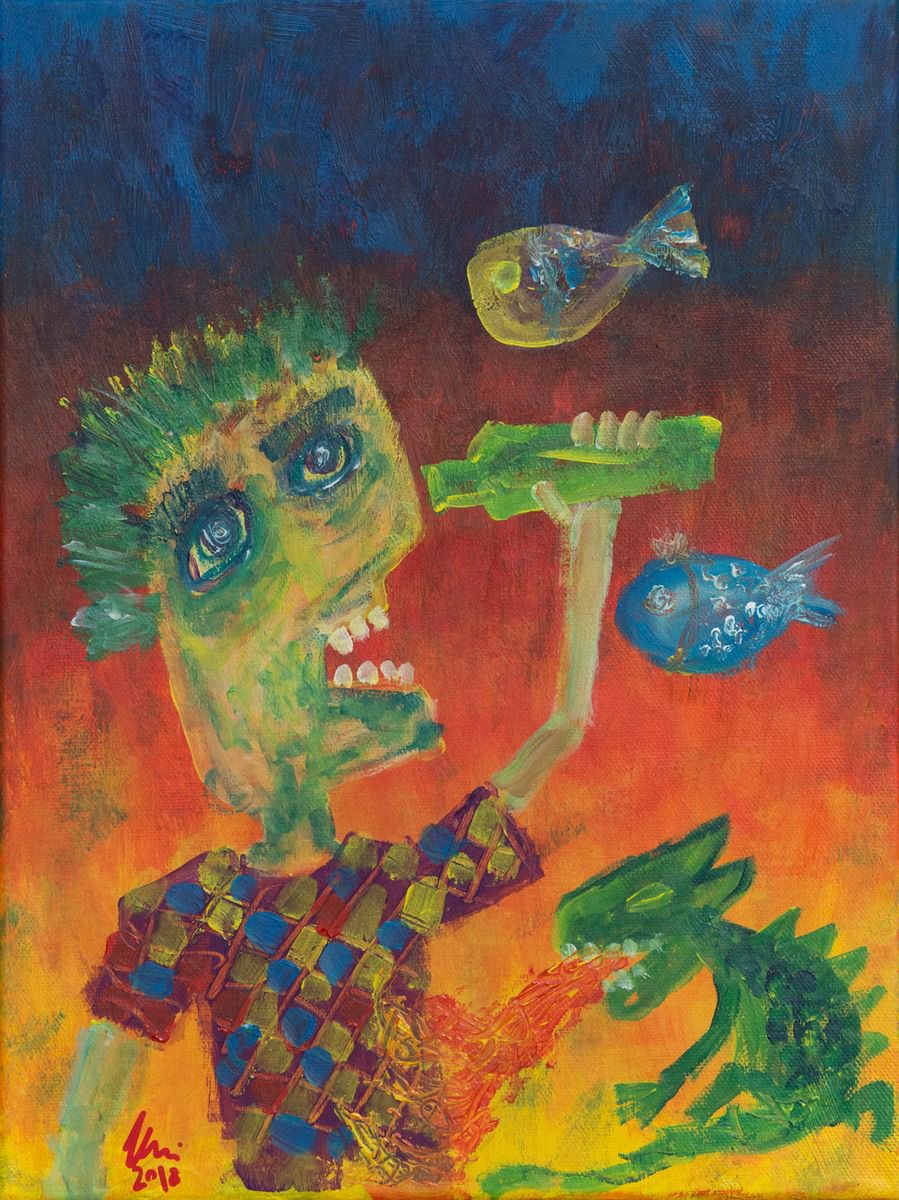 Naive Portrait Acrylic Painting By Peter Zelei, 12 X 16", Delirium, Original Artwork