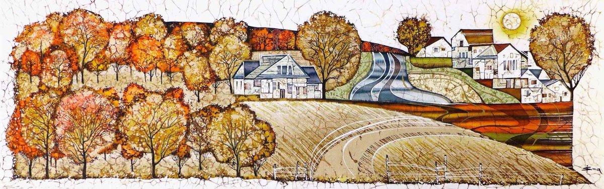 Illustrative Landscape Acrylic Painting By Julia Ismambetova, 39 X 17", Autumn Diary, Original Artwork