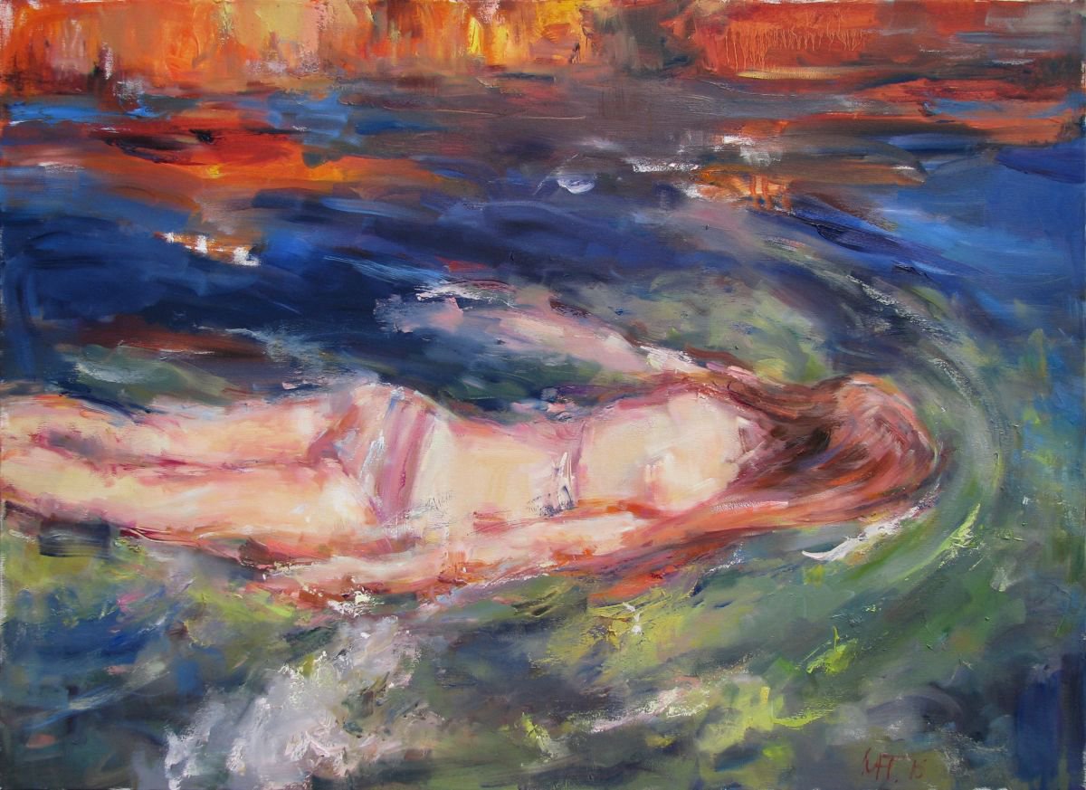 Impressionistic Landscape Oil Painting By Nelina Trubach-Moshnikova, 43 X 31", Swimming, Original Artwork