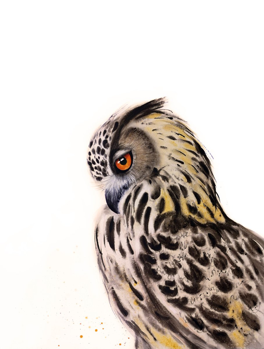 Great horned owl portrait - Owl - owl watercolor - owl portrait by Olga Beliaeva Watercolour