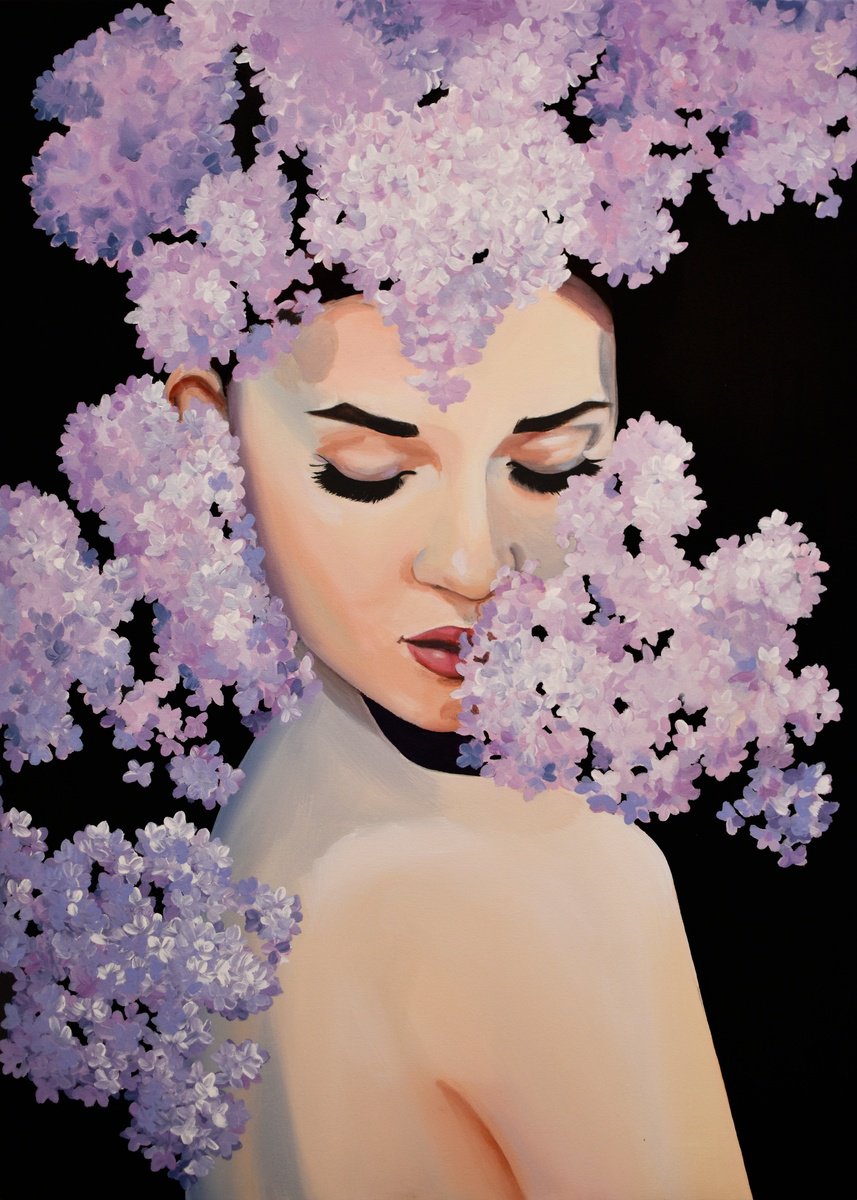 Portrait Acrylic Painting By Elina Zelena, 20 X 28, Girl And Lilac Blossom, Original Artwork