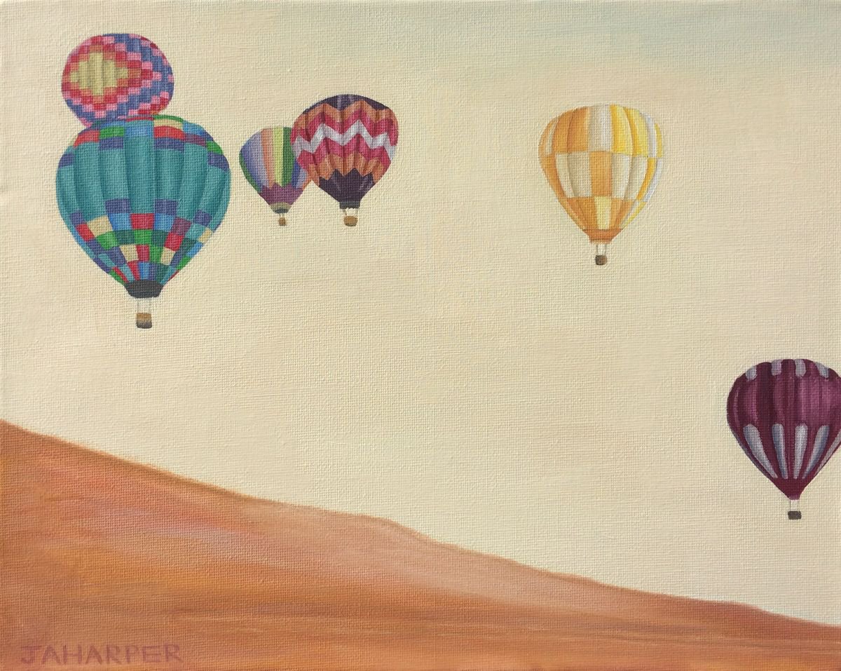 Photorealistic Landscape Oil Painting By Jill Ann Harper, 12 X 9, Balloons In The Desert, Original Artwork