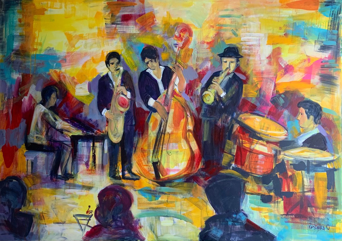 Expressive Portrait Acrylic Painting By Olga Pascari, 55 X 39", Jazz, Original Artwork