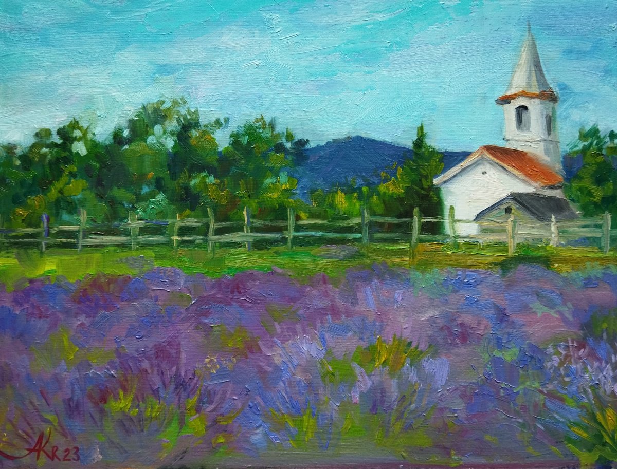 Impressionistic Landscape Oil Painting By Ann Krasikova, 16 X 12, Lavender Field 5, Original Artwork