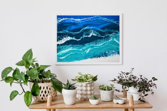 Ocean - original seascape resin artwork on board, turquoise waves, realistic foam