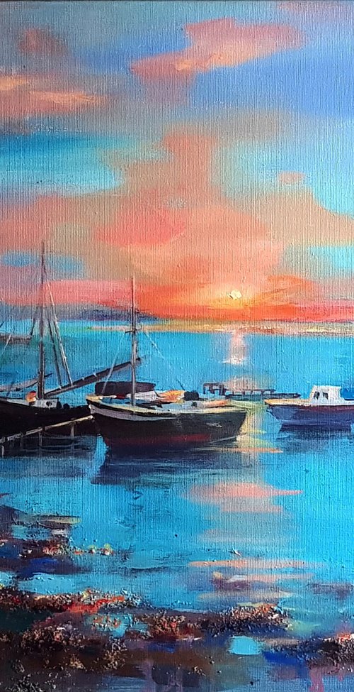 Serenity - Seascape with Boats. by Olga Lomax