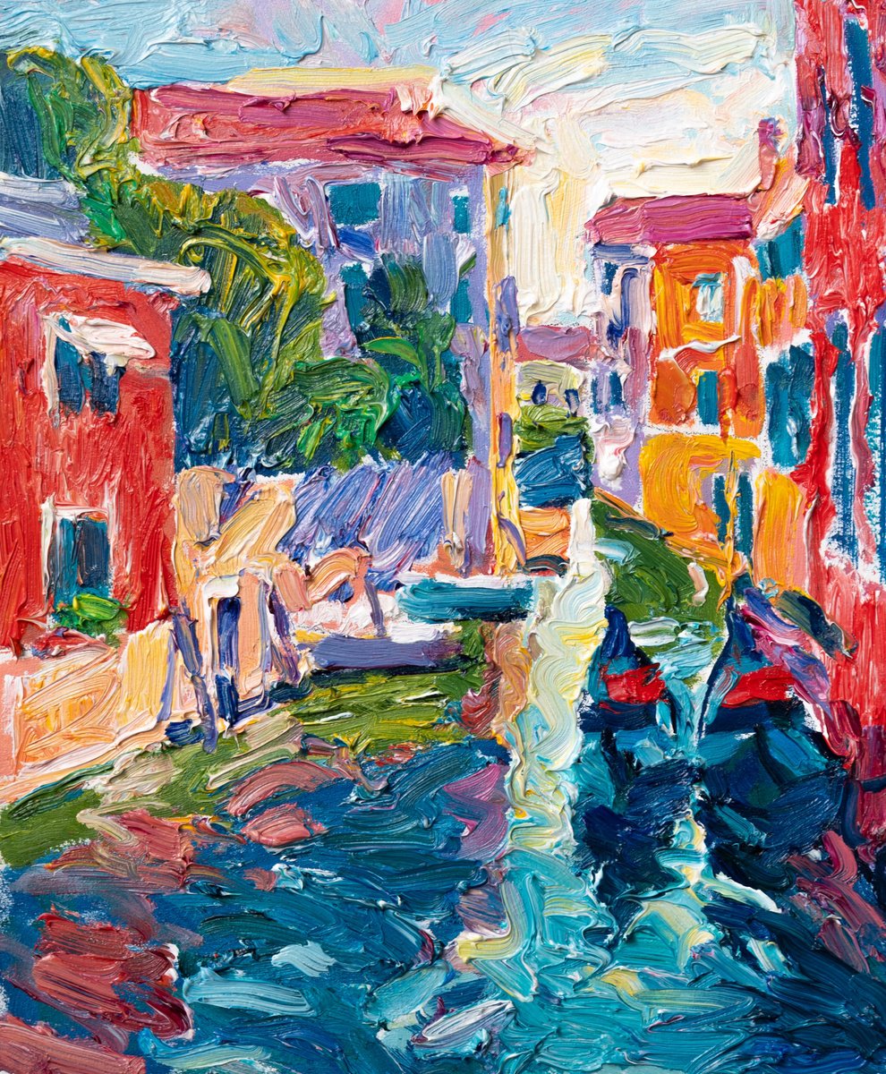 Expressive Cityscapes Oil Painting By Vasyl Moldavchuk, 10 X 12", Venetian Colors, Original Artwork