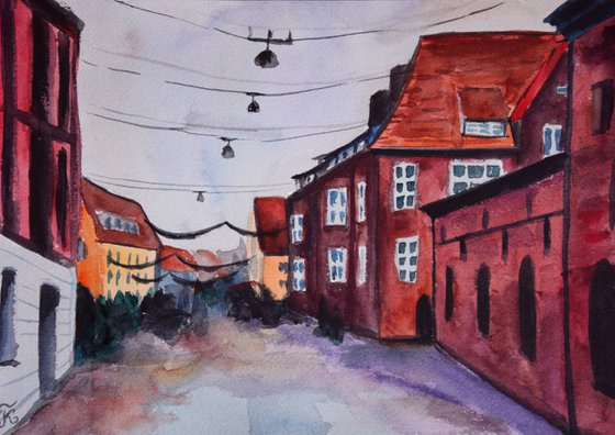 Watercolor painting Helsingor street