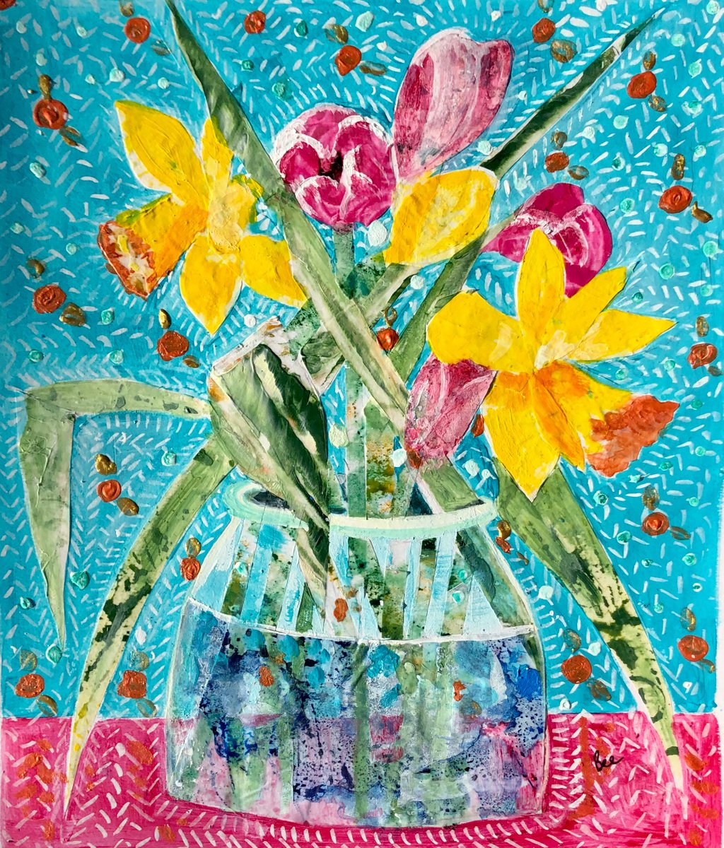 Daffodils and Tulips in a Glass Vase by Bee Inch