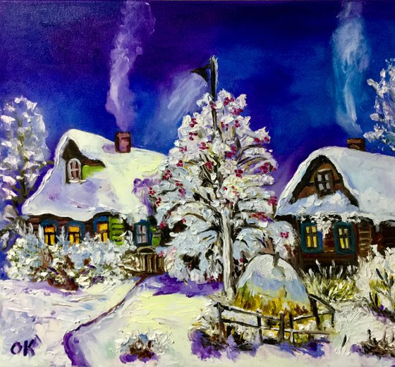 Winter evening, village landscape,  oil painting