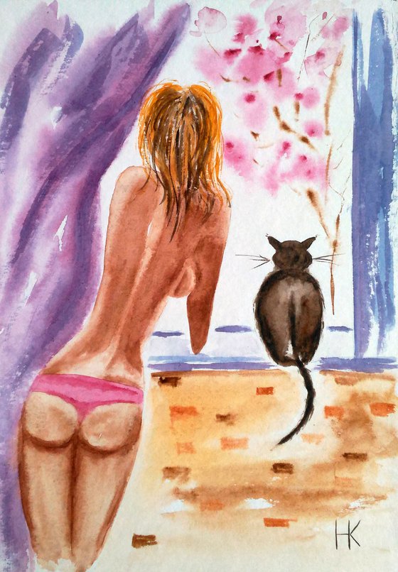 Quarantine Painting Original Watercolor Artwork Woman and Cat Isolation Small Wall Decor