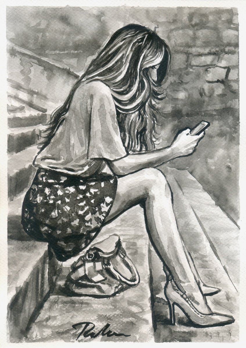 Urban And Pop Portrait Ink Drawing By Tashe, 8 X 12", Unexpected Message, Original Artwork