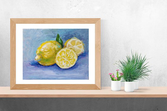 Lemon Painting Original Art Fruit Still Life Citrus Artwork Small Kitchen Wall Art