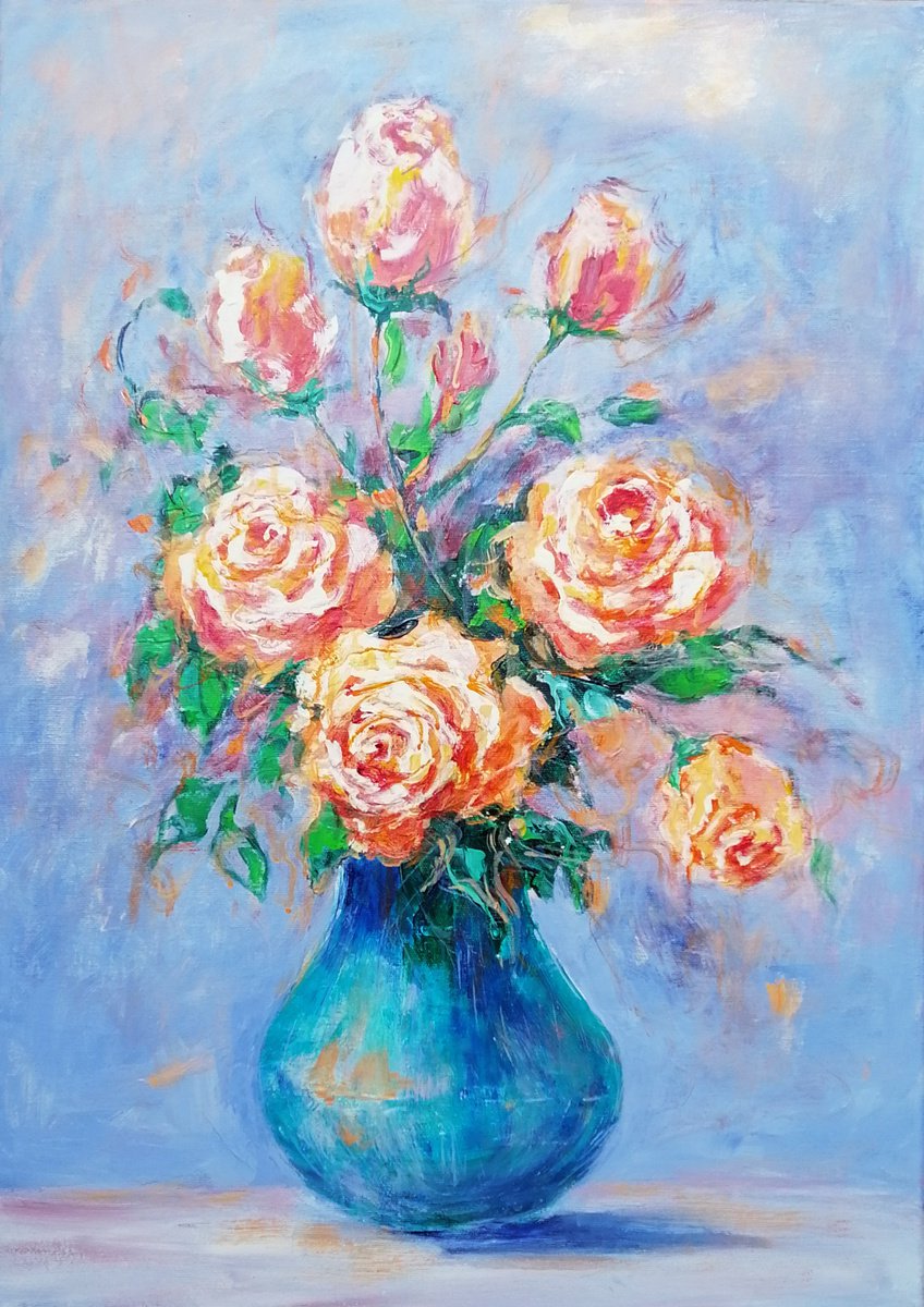 FEELS GOOD TO LOVE YOU, 50x70cm, blooming roses oil floral still life painting by Emilia Milcheva