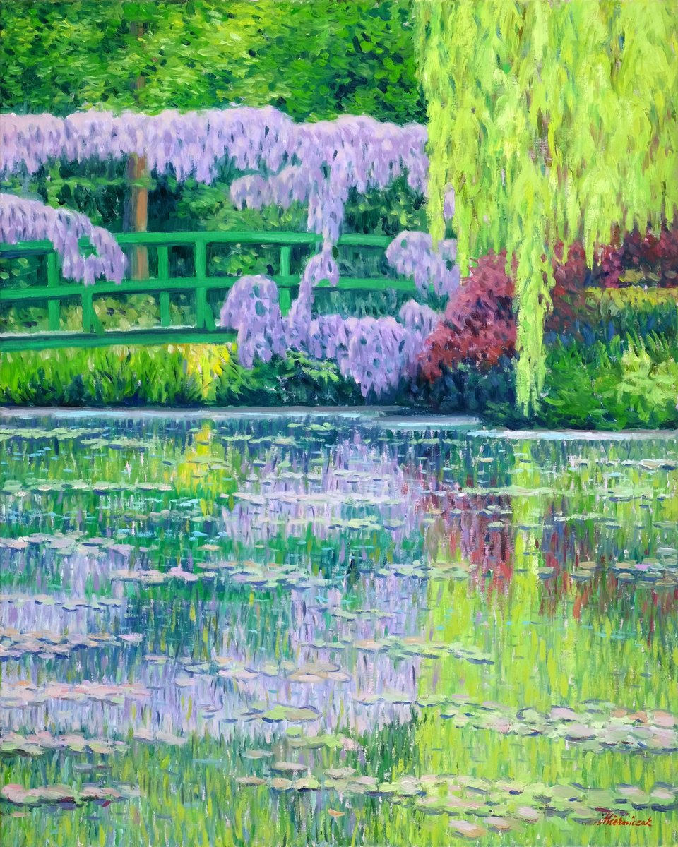 Impressionistic Landscape Oil Painting By Richard Mierniczak, 31 X 39", Wisteria In Giverny, Original Artwork