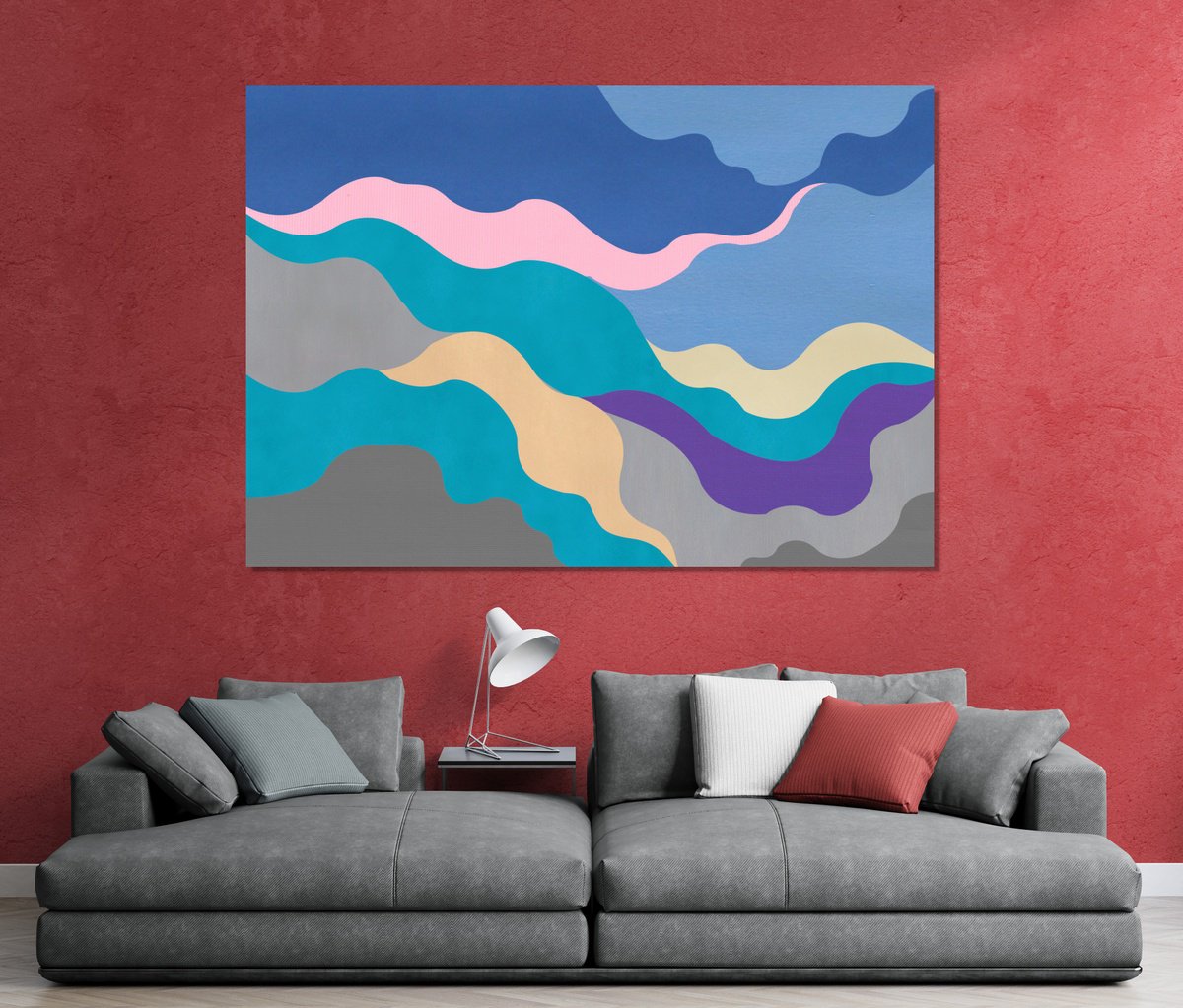 Abstract Landscape Acrylic Painting By Marina Krylova, 63 X 43", Serene Landscape #17, Original Artwork