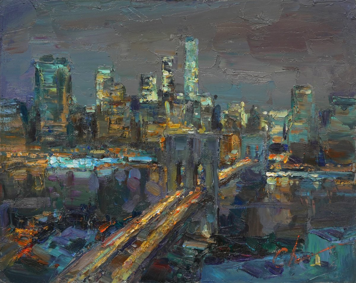 Impressionistic Cityscapes Oil Painting By Serhii Cherniakovskyi, 20 X 16", Light Of The Night City, Original Artwork