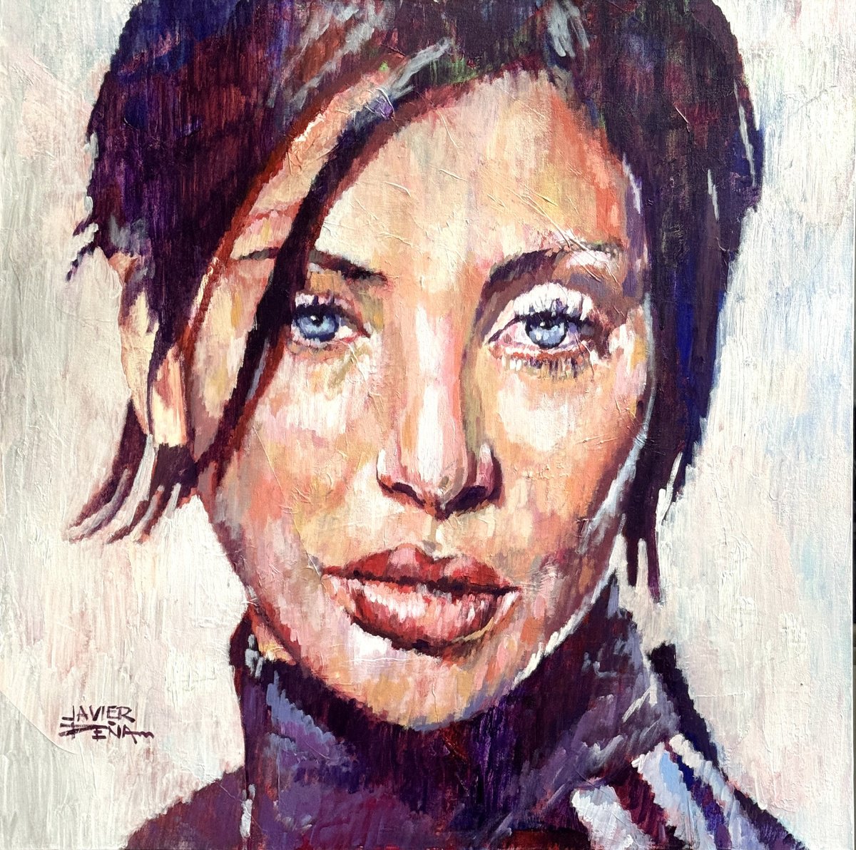 Impressionistic Portrait Acrylic Painting By Javier Pena, 39 X 39, Torn Acrylic On Canvas 100X100Cm, Original Artwork