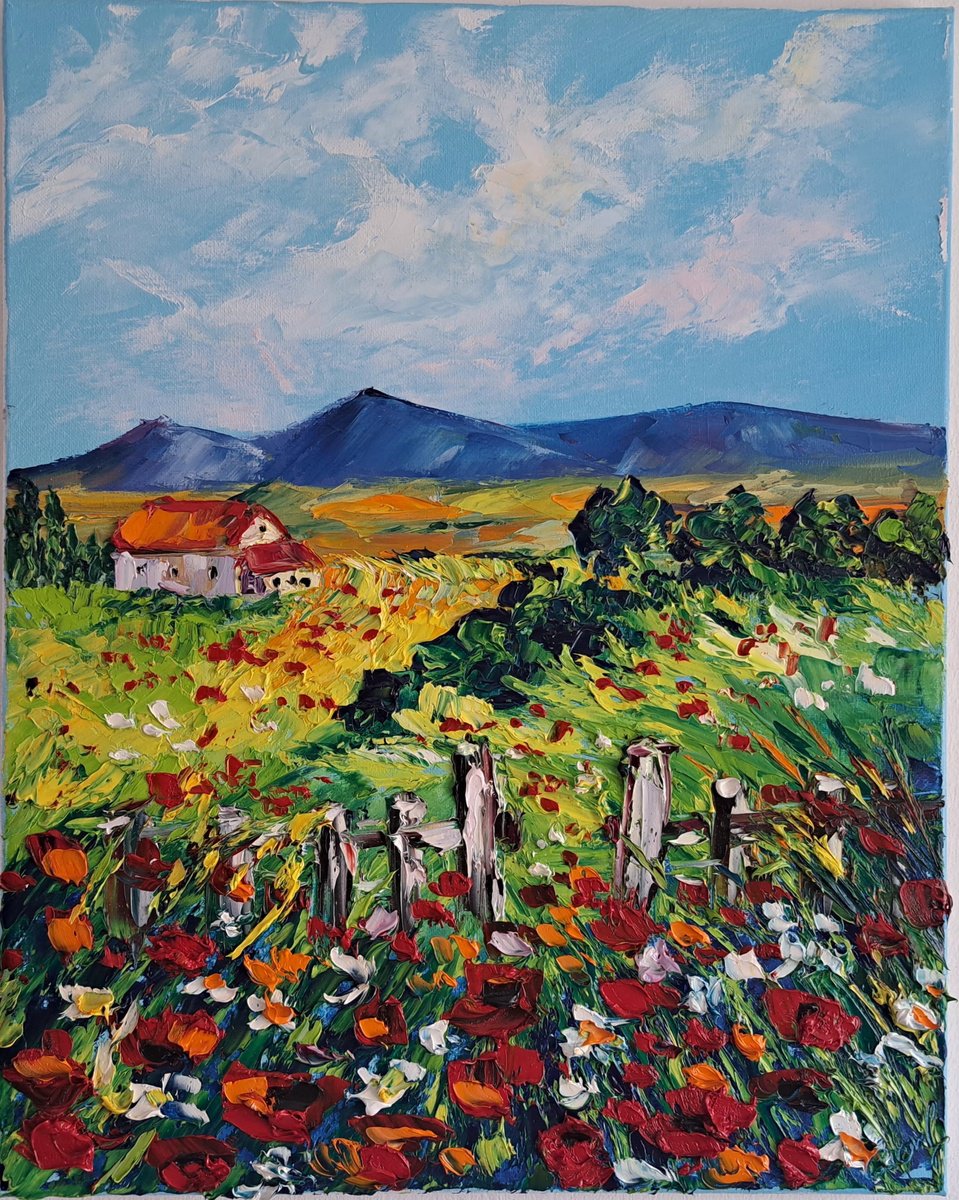 Impressionistic Landscape Oil Painting By Oksana Fedorova, 16 X 20", Flowers By The Meadow, Original Artwork