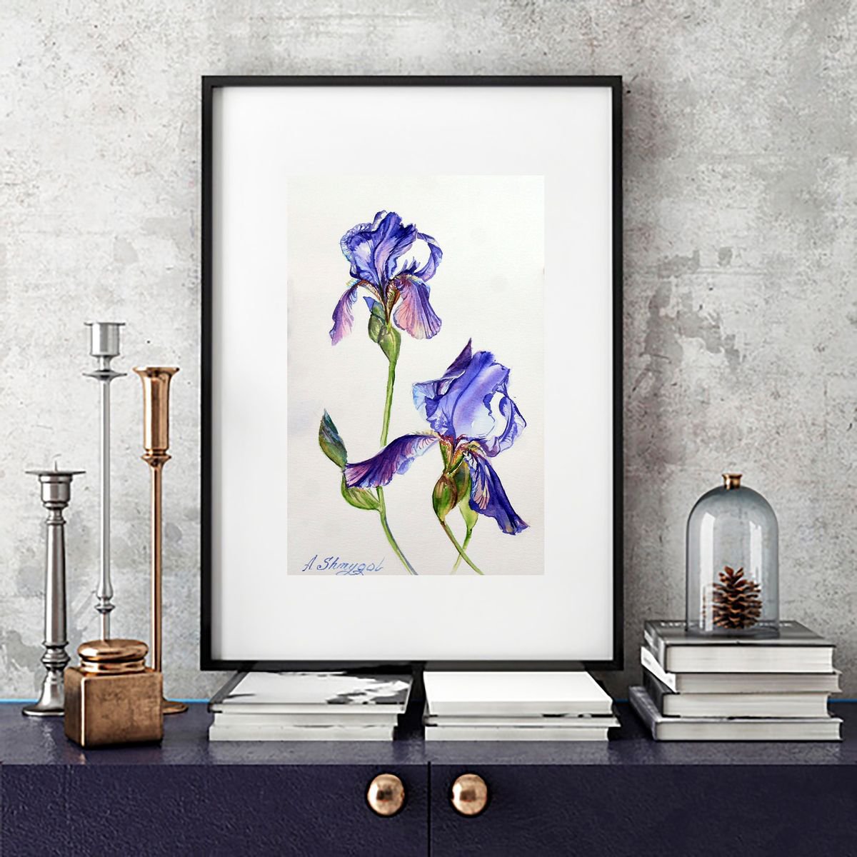 Purple irises Original watercolor painting, photorealistic stille, flowers, floral, botani... by Alina Shmygol
