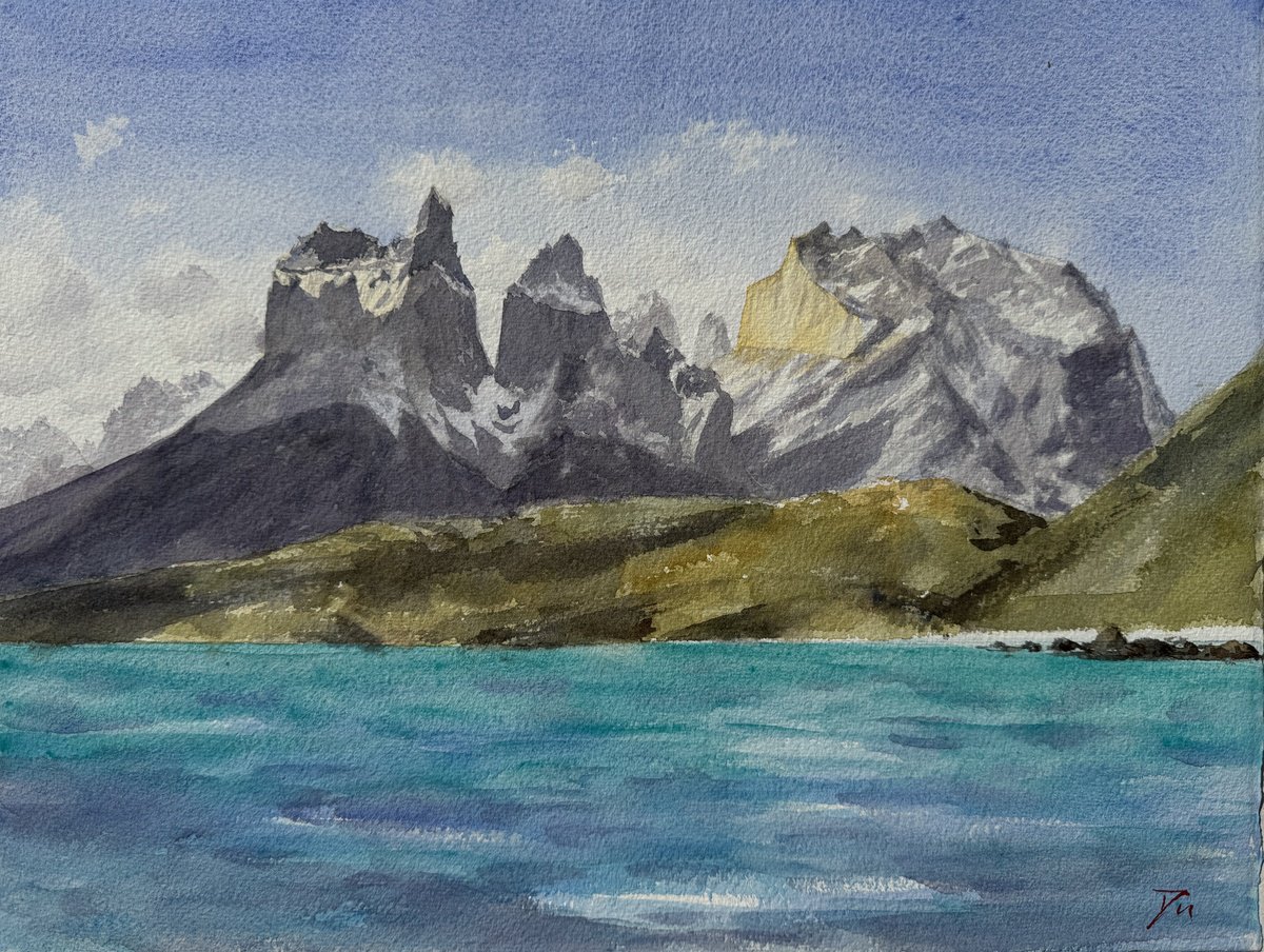 Impressionistic Landscape Watercolour By Shelly Du, 16 X 12", Patagonia - Torres Del Paine, Original Artwork