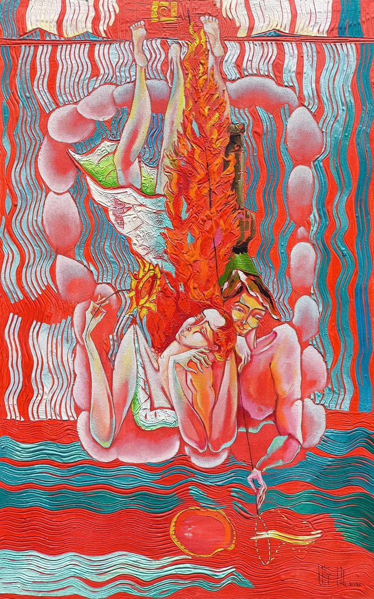 Surrealistic Portrait Oil Painting By Anahit Mirijanyan, 20 X 31, Fiery Romance, Original Artwork