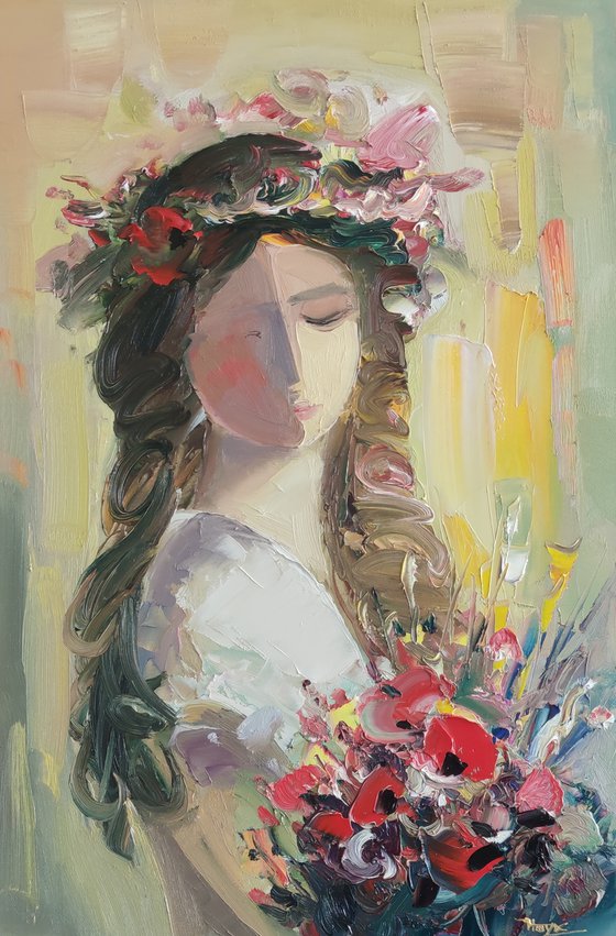 Girl with flowers 40x60cm ,oil/canvas, abstract portrait