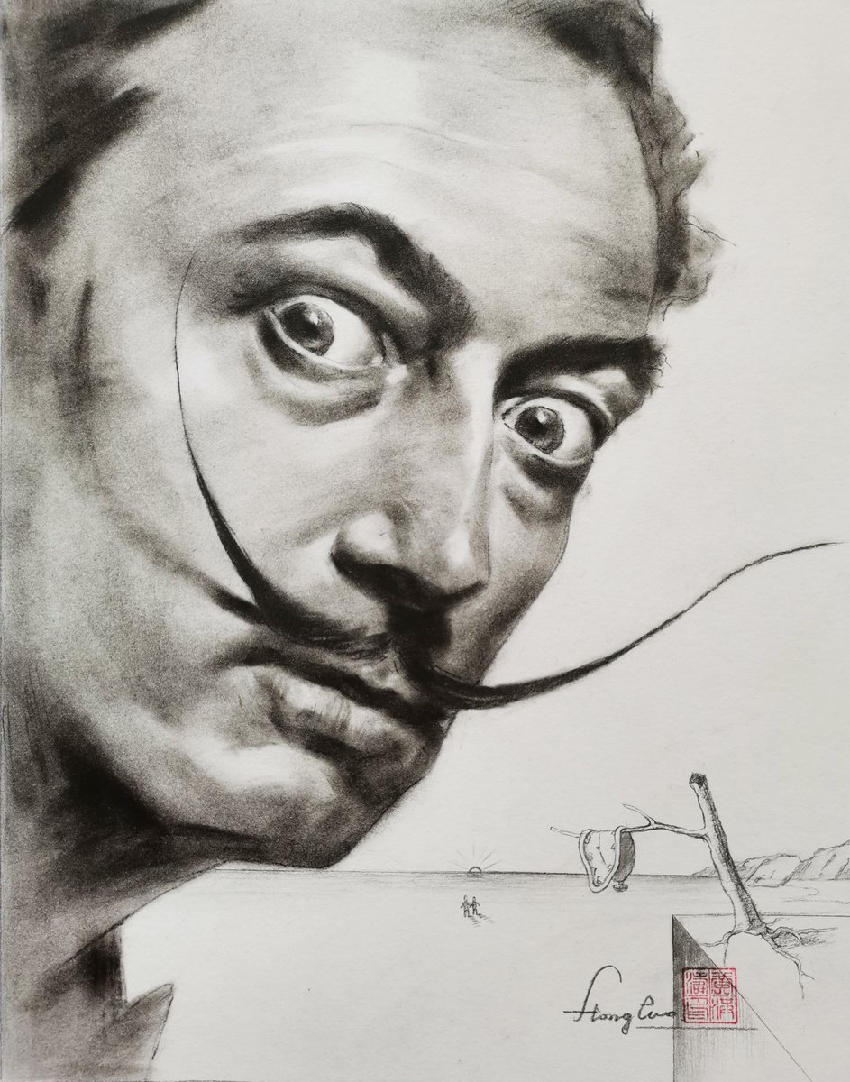 Illustrative Portrait Charcoal Drawing By Hongtao Huang, 11 X 15, Portrait Of Salvador Dali, Original Artwork