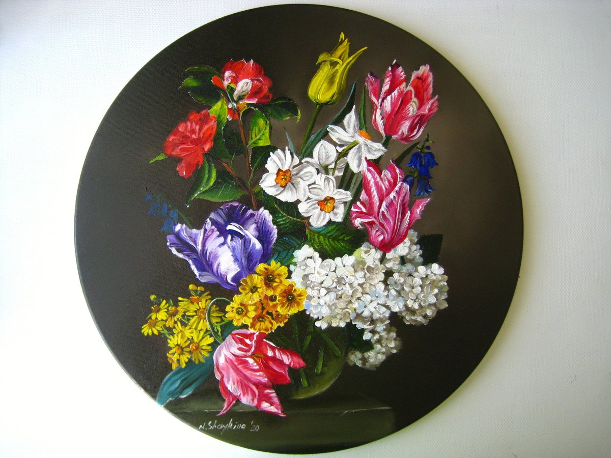Photorealistic Oil Painting , Round Floral Bouquet By Natalia Shaykina, 20 X 20, Artwork For Sale On Artfinder