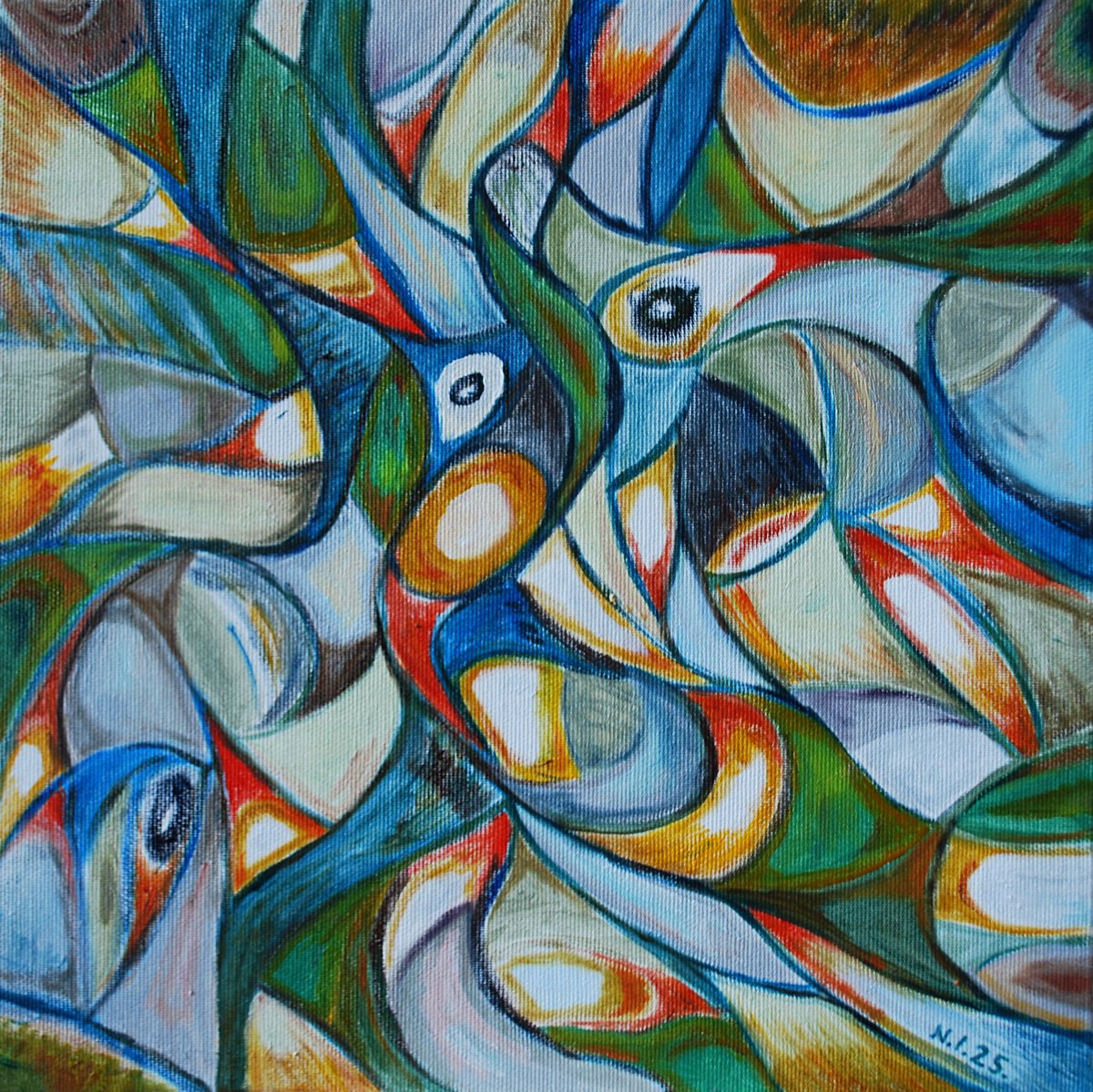 Abstract Oil Painting By Nikola Ivanovic, 12 X 12", Birds Of Paradise, Original Artwork