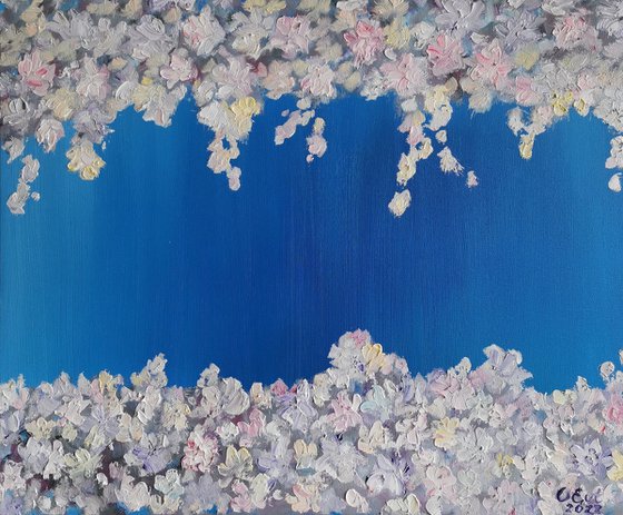 Almond blossoms with truth. 60x50 cm. Impasto. Il mandorlo fiorisce con la verità