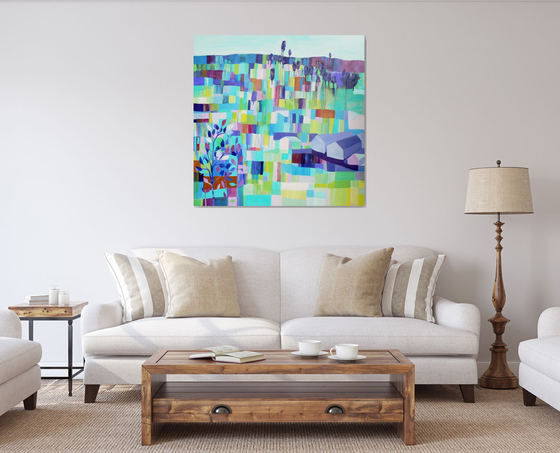 Patchwork landscape (large contemporary semi abstract painting, ready to hang abstract landscape)