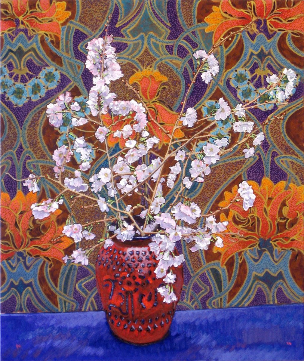 Botanical Oil Painting By Richard Gibson, 22 X 26", Large Flowering Cherry, Original Artwork