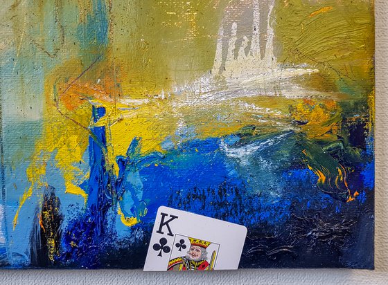 "Blue Orange-Scene-1-KING/QUEEN". Abstract Expressionism Oil Painting with Playing Cards.
