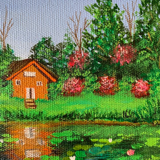 House by water lilies pond - 3 ! Small Painting!!  Ready to hang