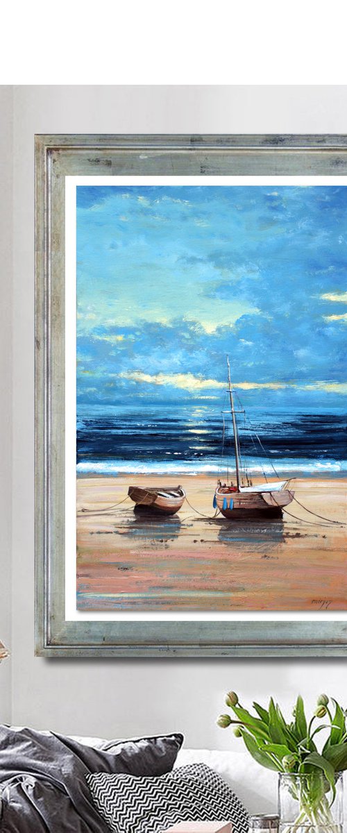 DISCOUNT SPECIAL PRICE " BOATS ON THE BEACH " ORIGINAL PAINTING, SUNSET,SEASCAPE by mir-jan