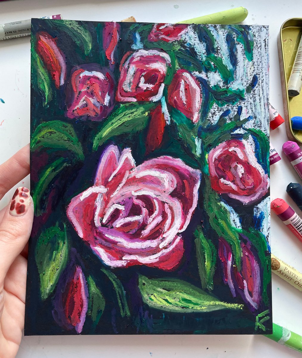 Original Oil Pastel /paper drawing by ALENA DE PLOTI* frame 22 x 18,  Roses