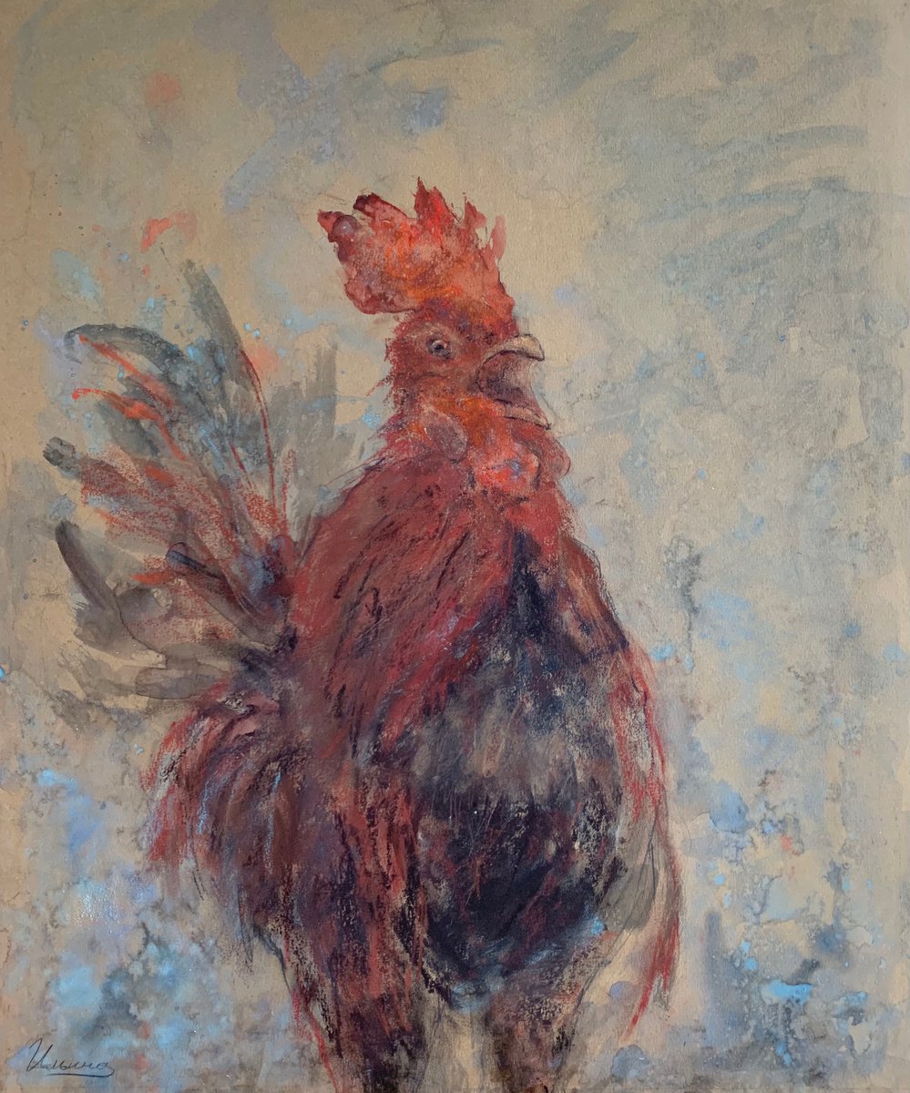 Good Morning- Pastel and watercolor drawing on paper, original gift, red color, home interior, kitchen drawing, rustic, fabulous, blue interior, kitchen design, cottage painting, impressionistic, rooster year.