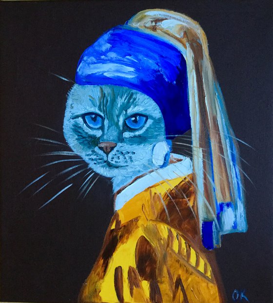 Cat with the pearl earring and blue eyes  inspired by Vermeer painting feline art for cat lovers gift idea