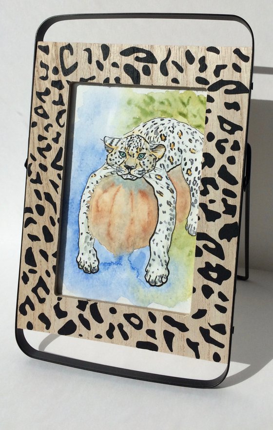 Animal drawing - Leopard mixed media watercolor - Framed small artwork - Gift idea (2021)